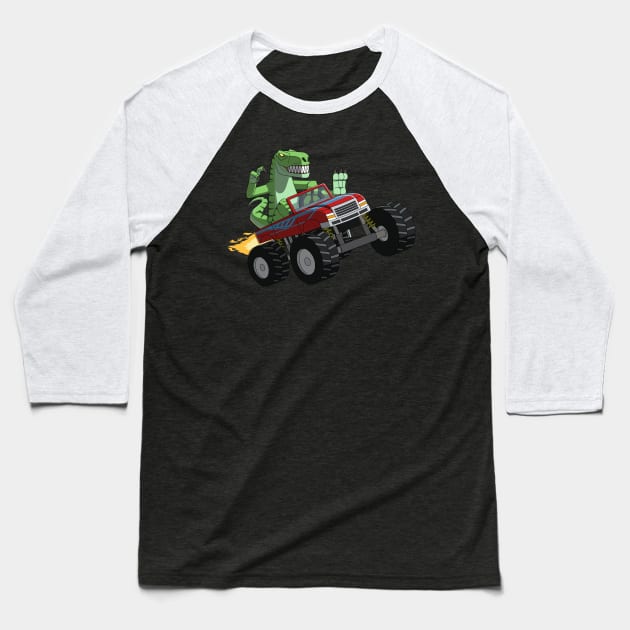 T-Rex on a Monster Truck Baseball T-Shirt by AMP